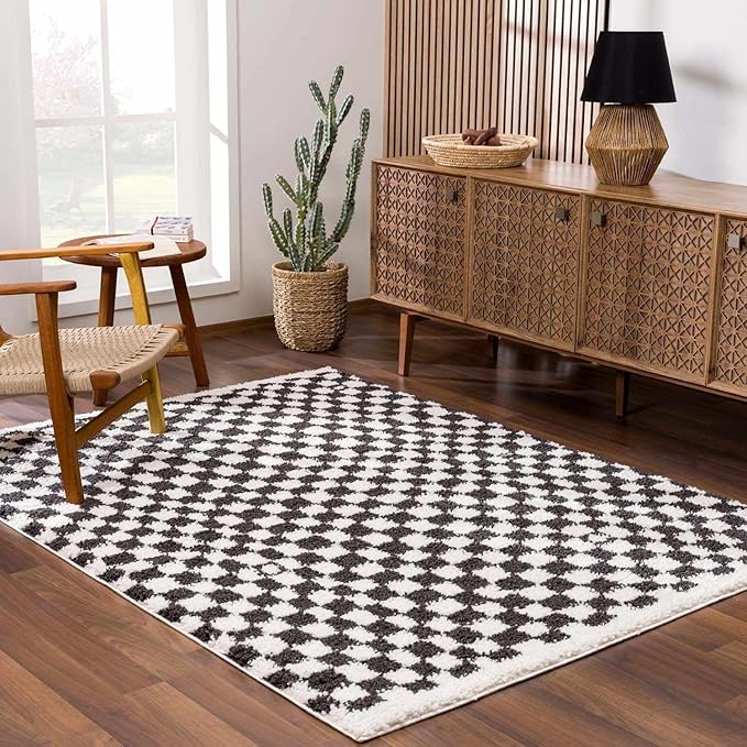 Hauteloom Kieu Contemporary Checkered Fluffy Shag Area Rug - Modern Geometric Soft Carpet Tiles for Living Room, Kids Room, Nursery - Black, White - 8'10" x 12'