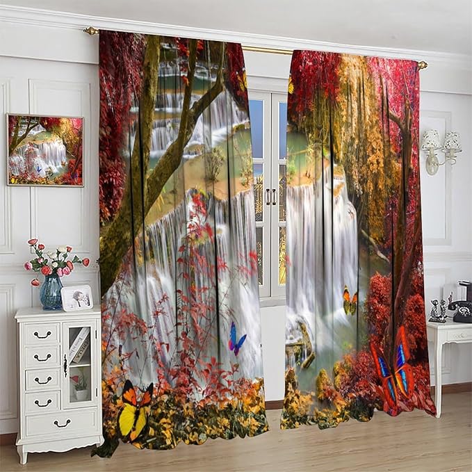 Landscape Blackout Curtains, Nature Forest Waterfall Butterfly Scenery Pattern Rod Pocket Window Drapes, for Bedroom Living Room 52" W X 84" L