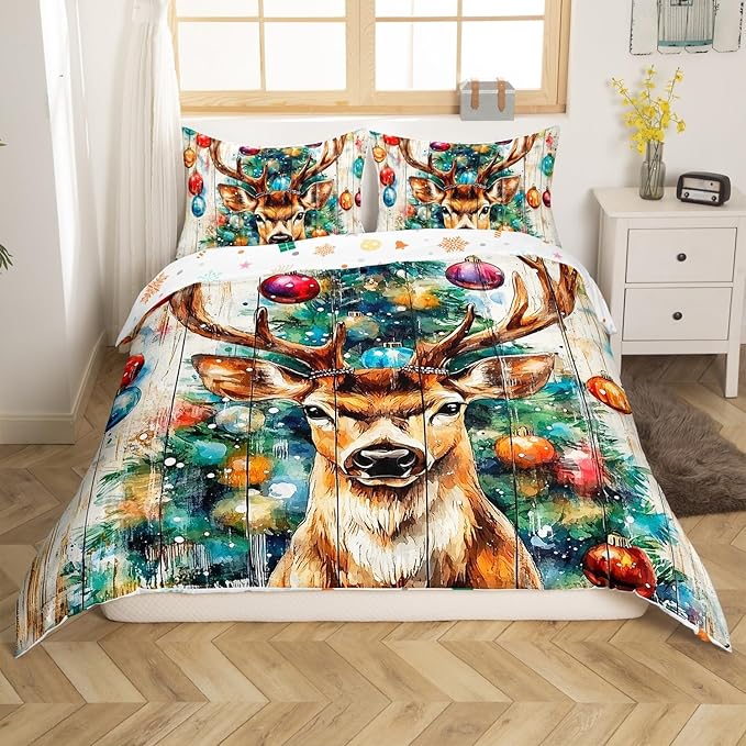 Cabin Deer Duvet Cover Set Queen Size,Tie-dye Christmas Tree Wooden Plank Rustic Bedding Set,Boys Girls Room Decor,Wild Animal Farmhouse Comforter Cover,Brown Quilt Cover,2 Pillowcases,No Comforter