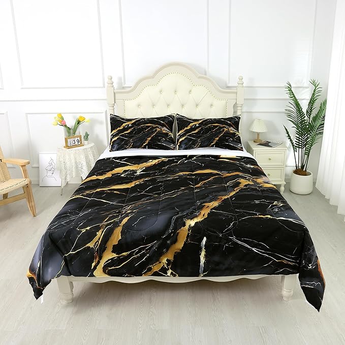 Black and Gold Comforter Set: Twin Size Black Marble Bedding Sets Abstract Marbling Quilts for Teens Kids Boys Modern Aesthetic Bed Set 1 Comforter & 1 Pillow Case