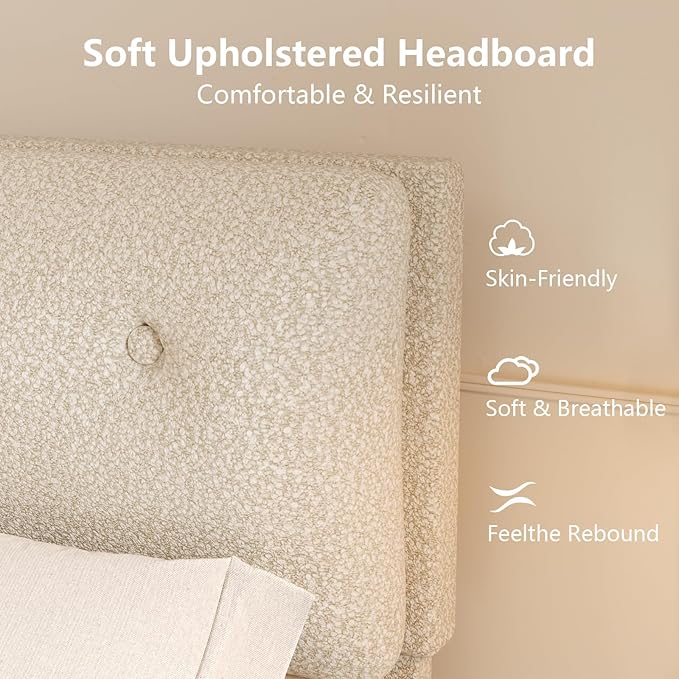 King Bed Frame and Headboard, Upholstered Boucle Bed King with Soft Headboard, Wooden Slats Support, No Box Spring Needed, Easy Assembly, Cloud Bed Frame, Beige