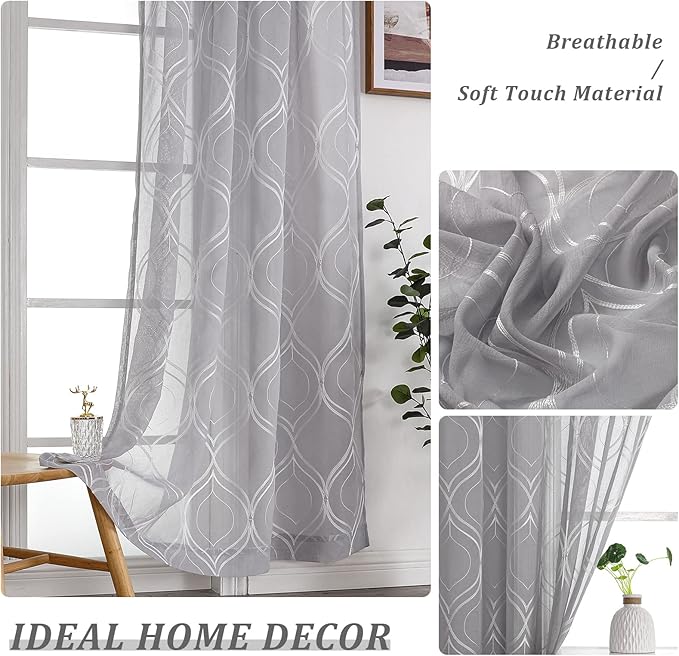 VISIONTEX White Sheer Curtains 108 Inches Long 2 Panels Set Grey Moroccan Embroidered Curtains Trellis French Textured Rod Pocket Voile Tulle Semi Window Drapes for Bedroom Living Room 54 x 108 Inch