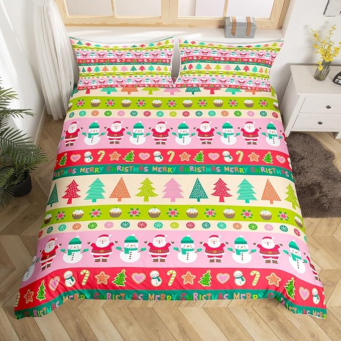 Cartoon Christmas Bedding Set for Kids Boys Girls Santa Claus Snowman Comforter Cover Set Pink Xmas Theme Duvet Cover Bedroom Decor Christmas Tree Bedspread Cover Queen Size Bedding Collection 3Pcs