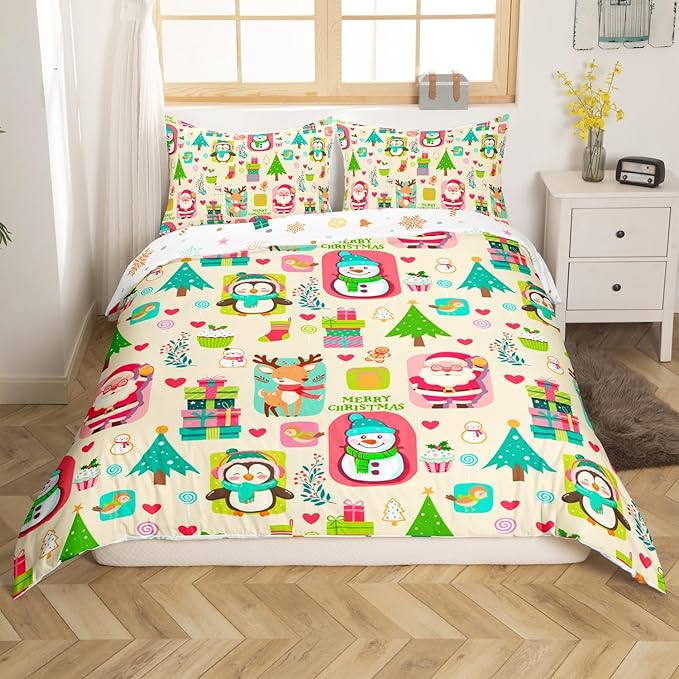 Christmas Comforter Cover Cartoon Santa Claus Snowman Flower Bedding Set Cute Penguin Deer Duvet Cover for Children Boys Girls Microfiber Gift Boxes Bedspread Cover Room Decor Bedclothes Toddler Size