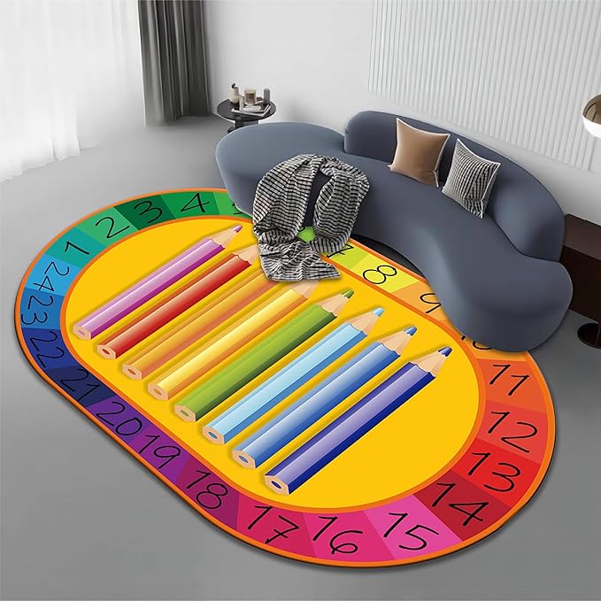 Colorful Kids Oval Rug, 4x5ft, Early Learning Education Play Mat for Learning Numbers, Soft Non-Slip Pens Design Rugs for Boys Girls Room Playroom Classroom Nursery Room