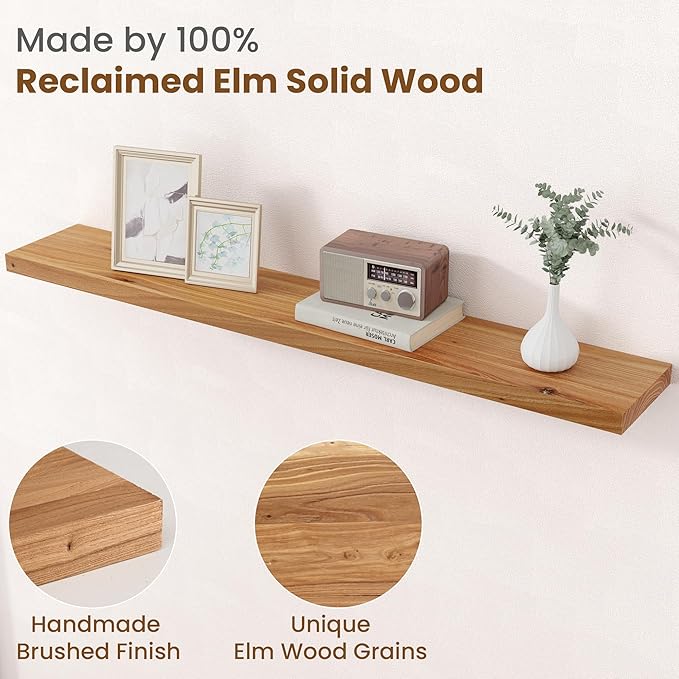 Floating Shelves for Wall Decor, 8" Deep Rustic Solid Elm Wood Floating Shelves Wall Mounted, Wall Shelves with Invisible Bracket for Living Room Bathroom Bedroom Kitchen, 48 Inch Set of 1, Natural
