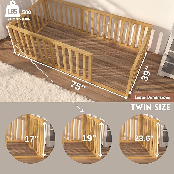 Montessori Floor Bed for Kids | Toodlers Floor Bed with Safety Guardrails | Pine Wood Baby Bed | Sturdy Wood Frame Bed for Girls and Boys (Twin, Height : 17 Inches)