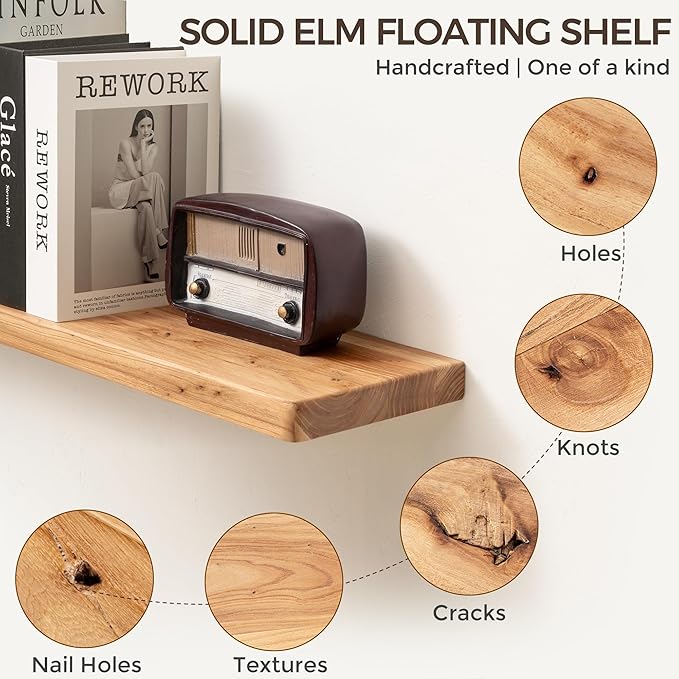 Fun Memories Rustic Elm Wood Floating Shelves, Wooden Wall Shelves 40 Inch Long Set of 2, Heavy-Duty Bathroom Shelf for Wall, Solid Wood Storage Shelf for Kitchen, Bedoom, Office