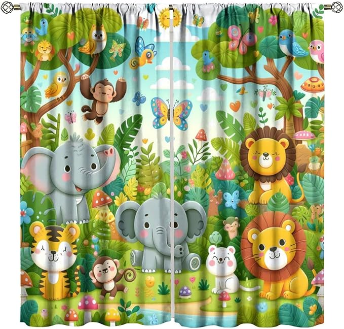 Cartoon Animals Curtain Jungle Forest Elephant Lion Butterfly Floral Print Curtains for Kids Boys Girls Nursery Baby Bedroom Playroom Home Decor Window Drapes 72" W X 63" L