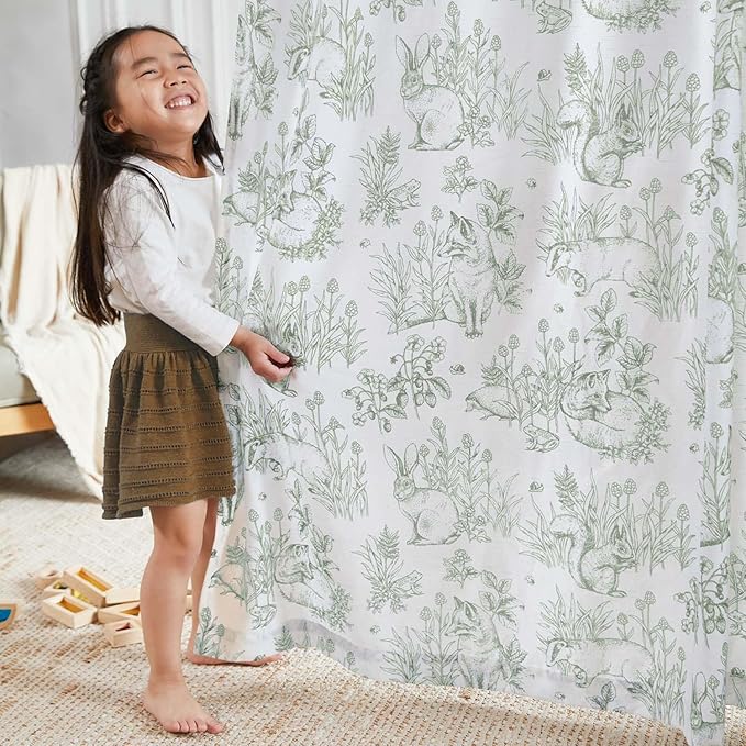 jinchan Linen Nursery Curtains 63 inch Long Woodland Wildlife Sage Green Print Drapes for Kid's Room Light Filtering French Country Farmhouse Curtains with Bunny and Forest Design Set of 2 Panels