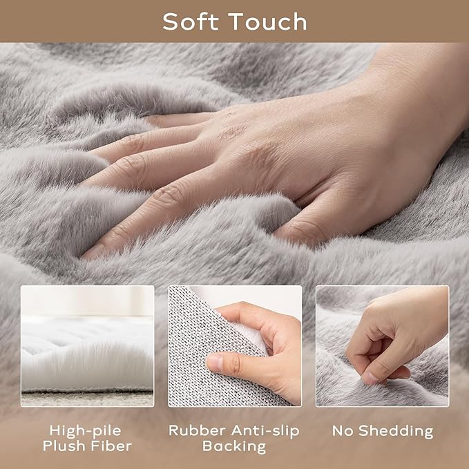 Ashler Faux Rabbit Fur Rug - Light Grey 6 FT Fluffy Soft Runner, Rectangle Fuzzy Carpet for Living Room, Bedroom, Machine Washable Shaggy Nursery Rug - 3D Bubble