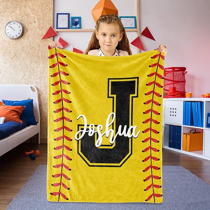 Personalized Softball Kids Blanket with Name and Number - Custom Sport Bed Blankets Gift for 0-3 Months Baby Essential and Warm 50x60inch