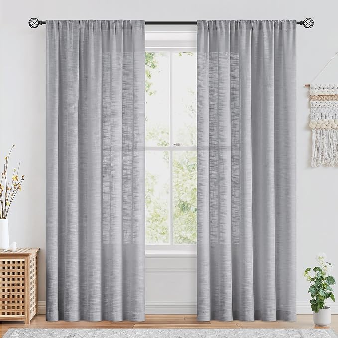FMFUNCTEX Linen Semi Sheer Curtains for Living Room Soft Grey 108 Inches Extra Long Solid Linen Textured Sheer Drapes for Bedroom, Light Filtring Window Gray Drapes Farmhouse 2 Panels Rod Pocket