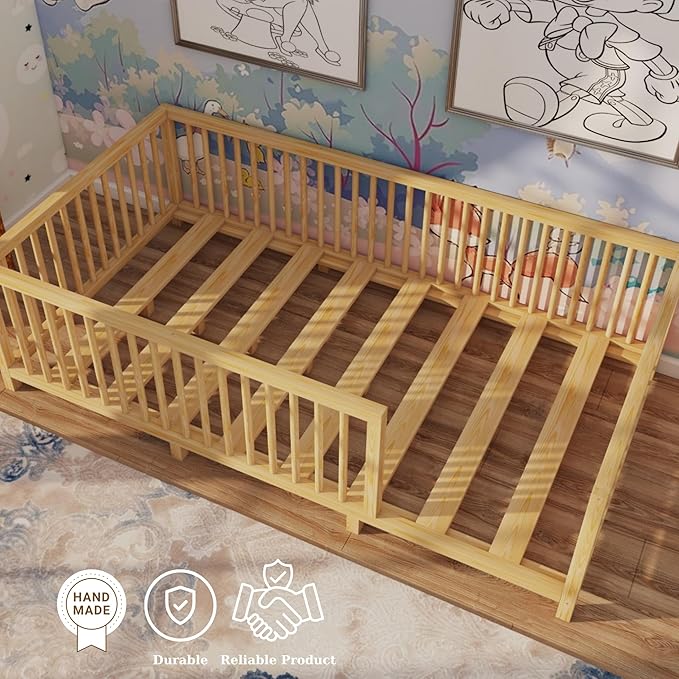 Montessori Floor Bed with Slats for Toddler 54.3'' x 75.2'' Full Size | Pine Wood Natural Solid Frame Bed | Sturdy Design Floor Bed Frame for Boy and Girls (Full, Height : 23.6 Inches)