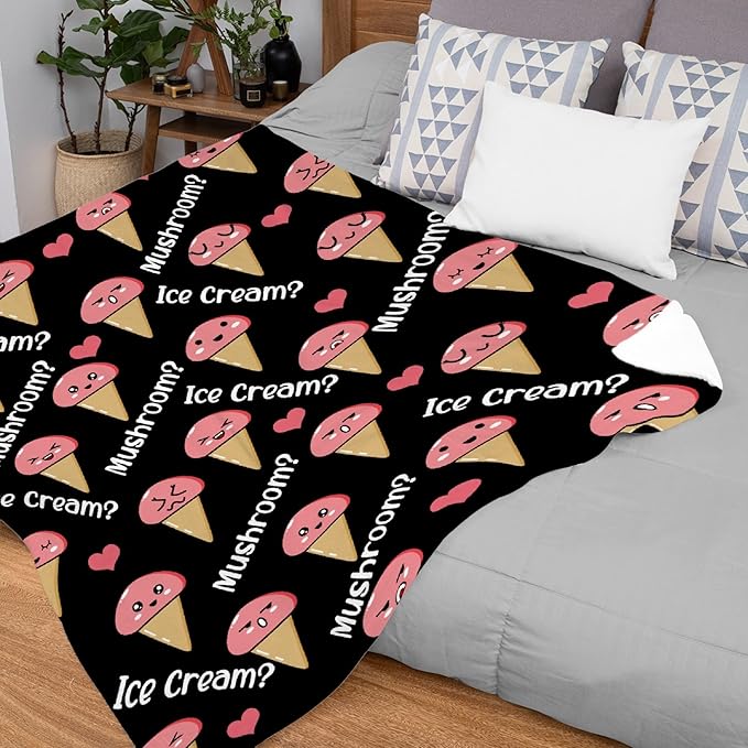 Thuswarm Mushroom Or Ice Cream Flannel Throw Blanket Warm Cozy Soft Funny Print Blankets for Bed Couch Sofa Room Decoration Gifts 80"×60" Large for Adult