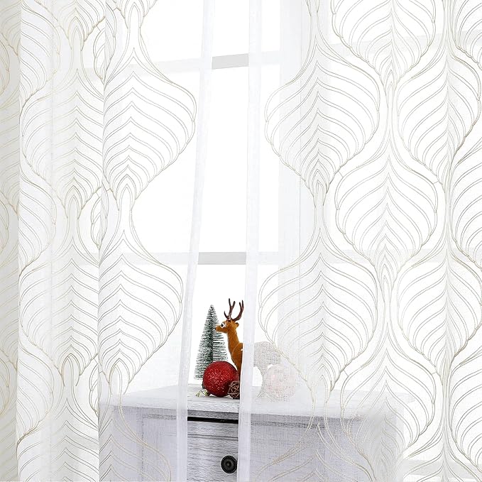 VISIONTEX Sheer Curtains 84 Inches Long 2 Panels Set Beige Moroccan Embroidery Texture Geometric Rod Pocket Ivory White Voile Tulle Semi Window Treatment Pair for Bedroom Living Room 54 x 84 Inches