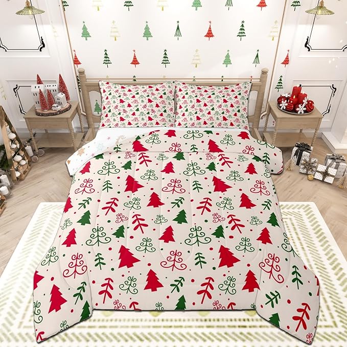 Castle Fairy Christmas Trees Comforter Set Queen Size,Red Green Pine Plant Hand Sketch Bedding Set for Women Adult,Winter Xmas Natural Botanical Luxury Bed Duvet Insert, 2 Pillowcases