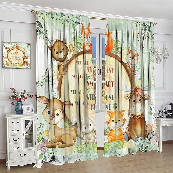 Kids Safari Animal Curtains Cute Watercolor Wildlife Jungle Window Treatments for Boys Girls Bedroom Inspirational Motivational Quotes Nursery Children Drapes for Living Room W84xL84