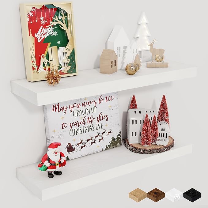 Fun Memories Floating Shelves for Wall, 22.5" Rustic Wood Deep Wall Mounted Shelves with Invisible Brackets for Decor & Storage, Floating Shelf for Living Room, Bathroom (White, Set of 2)