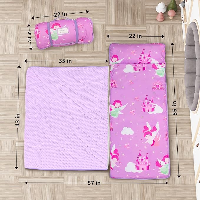 Primlect Toddler Nap Mat Extra Large Thickened 55''x35'', Soft Sleeping Bag with Detachable Minky Blanket and Pillow, Portable for Daycare, Preschool, Kindergarten, Travel, Boys and Girls