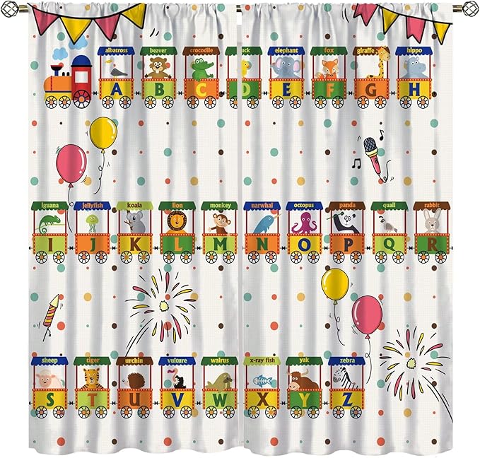 Alphabet Train Kids Curtain Animals Alphabet Children Teens Early Learning Printed Rod Pocket Blackout Window Treatments for Classroom Bedroom Nursery Playroom 42" W X 45" L