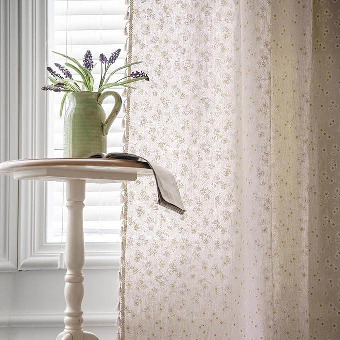 ENJOYBRIDAL Daisy Floral Curtains 84 Inch Length 4 Panels Tassel Drapes Rod Pocket Semi Sheer Boho Bedroom Window Curtain Panels Living Room Farmhouse Rustic Bohemian Window Treatment