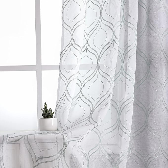 VISIONTEX White Sheer Curtains 95 Inches Long 2 Panels Set Green Moroccan Embroidered Curtains Trellis French Textured Rod Pocket Voile Tulle Semi Window Drapes for Bedroom Living Room 54 x 95 Inches