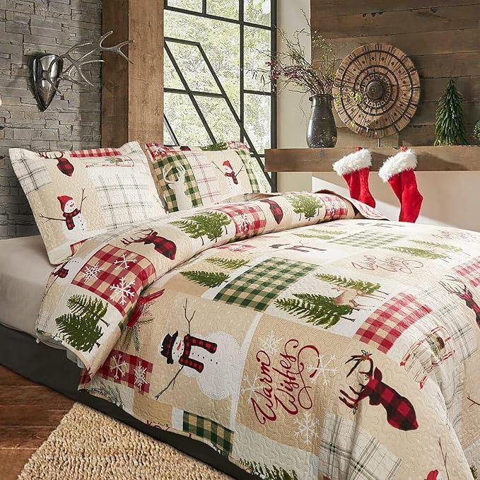 Christmas Quilt Set King Size Christmas Bedding Reversible Quilt Rustic Lodge Moose Buffalo Red Plaid Patchwork Bedding Holiday Xmas Home Decor Lightweight Quilt Bedspread Coverlet