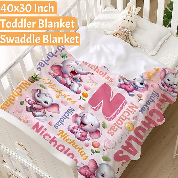 Personalized Custom Pink Elephant Preschool Blanket Gifts for Baby Toddler Kids Boys Girls - Customized Pink Elephant Soft Lightweight Flannel Sheets Decor for Crib Nap Couch - 30"x40" for Baby/Pets