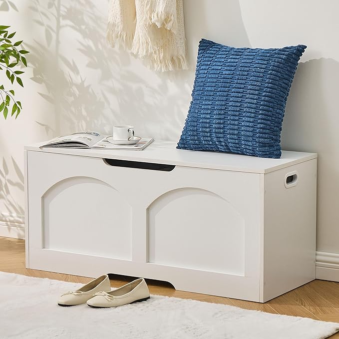39.4" Storage Chest, Wooden Storage Bench, Storage Trunk, Chest with Lift Top, Large Box Entryway Bench, Supports 330 lb U-Shaped Opening for Entryway, Hallway, Living Room, White