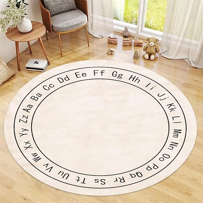 Children's Room Round Rug,7ft,Children's ABC Letter Educational Learning Round Rug, Non-Slip Washable Children's Room Play Rug, Suitable for Bedroom, Playroom, Boys and Girls Room Decoration