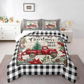 Manfei Red Truck Comforter Set Twin Size, Christmas Theme New Year Quilt Set with 1 Pillowcase, Grey Plaid Print Bedding Set 2pcs for Kids Boys Girls Bedroom Decor