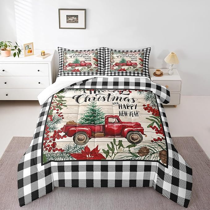 Manfei Red Truck Comforter Set Twin Size, Christmas Theme New Year Quilt Set with 1 Pillowcase, Grey Plaid Print Bedding Set 2pcs for Kids Boys Girls Bedroom Decor