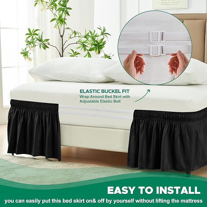 Biscaynebay Wrap Around Bed Skirts for Queen Beds Short Drop of 12", Black Adjustable Elastic Dust Ruffles Easy Fit Wrinkle Resistant Silky Luxurious Fabric Machine Washable