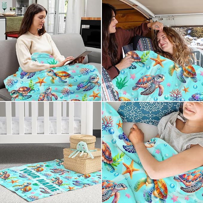 Custom Turtle Throw Blanket for Kids - 50" x 60" Inches Cute Turtle Blanket for Girls - Green Warm Cozy Throws for Couch, Bed & Travel