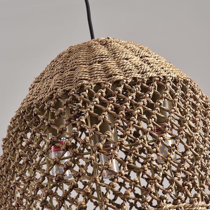 Rattan Pendant Light 13.39" Boho Coastal Hanging Wicker Hand-Woven Seagrass Chandelier for Kitchen Islands Farmhouse 3-Light
