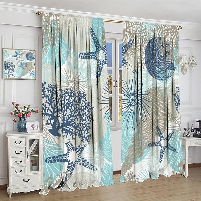 Shell Blackout Curtains Beach Shells Marine Life Water Grass Pattern Printed Curtains Suitable for Living Room Bedroom Privacy Curtains 72x63 Inches