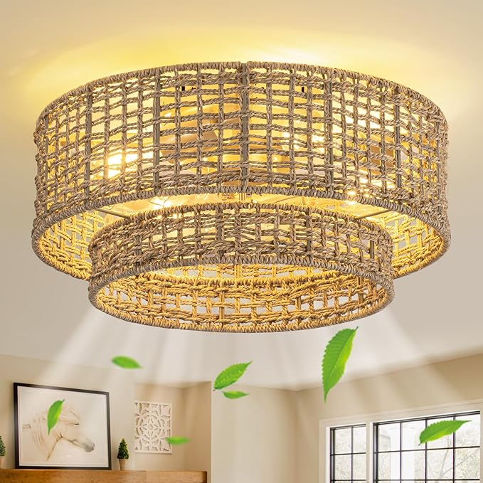 Boho Fandelier Ceiling Fan with Light,Rattan Caged Ceiling Fan with Light and Remote Control,Enclosed 6 Speeds for Bedroom, Living Room,Kitchen