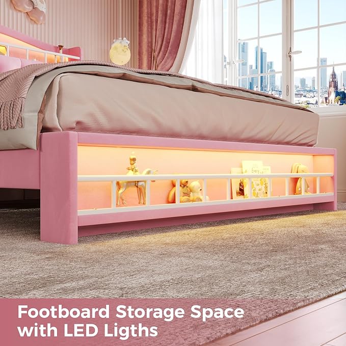 BTHFST Queen Szie Girls Bed with LED Lights & Charging Station, Princess Queen Size Bed Frame with Hidden Storage Headborad, Sturdy Platform Bed, No Box Spring Needed/Noise-Free/Easy Assembly, Pink