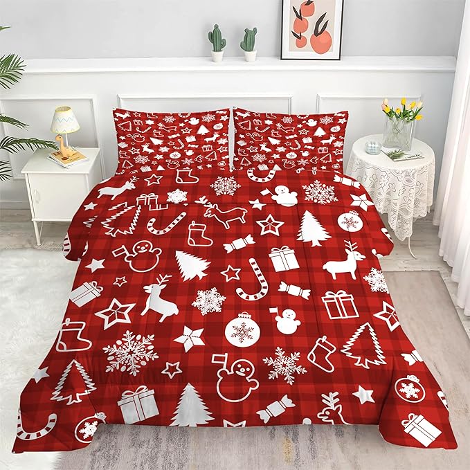 Red Plaid Christmas Comforter: Queen Size Xmas Snowflakes Bedding Sets Snowman Pine Tree Candy Canes Elk Quilt Bed Set 3 Piece for Women Adults Teens Bedroom Festival Decor