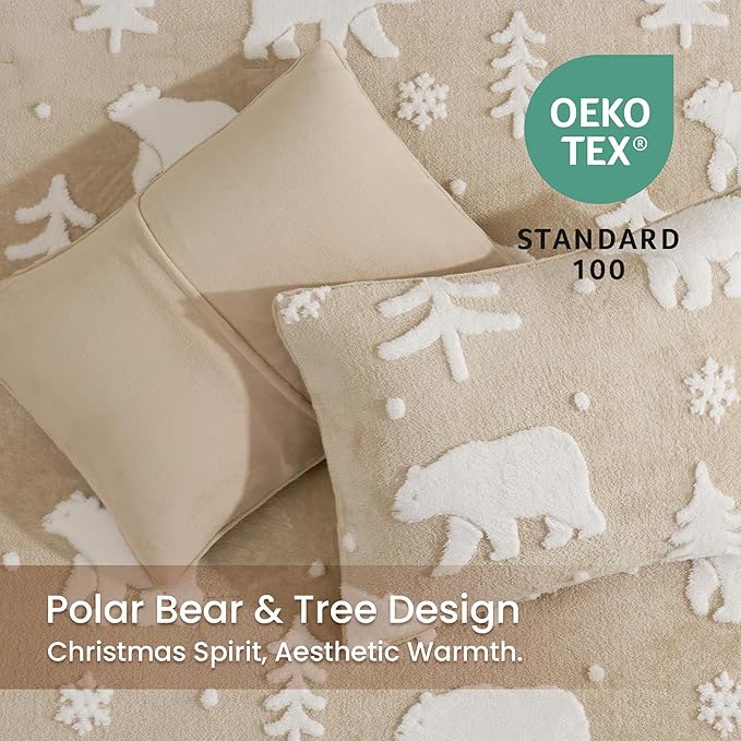 Amélie Home Christmas Comforter Set King, Fluffy Fleece Bedding Set with Polar Bear, Beige Plush Bedding Set for Winter, 3 Pieces, 1 Soft Comforter and 2 Pillow Shams