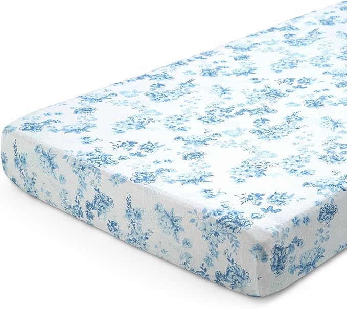 Delta Children 100% Organic Cotton Fitted Crib Sheets, Blue Botanicals + 100% Organic Jersey Cotton Baby Receiving Blankets – 30x40 Inches - GOTS Certified (Pack of 2) (Bundle)