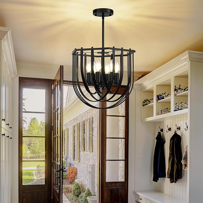 WJShome 6-Light Modern Farmhouse Chandelier, Black Dining Room Light Fixture, Hanging Pendant Lights Kitchen Island, Foyer Lighting Fixtures with Metal Frame, for Living Room, Bedroom, Entryway