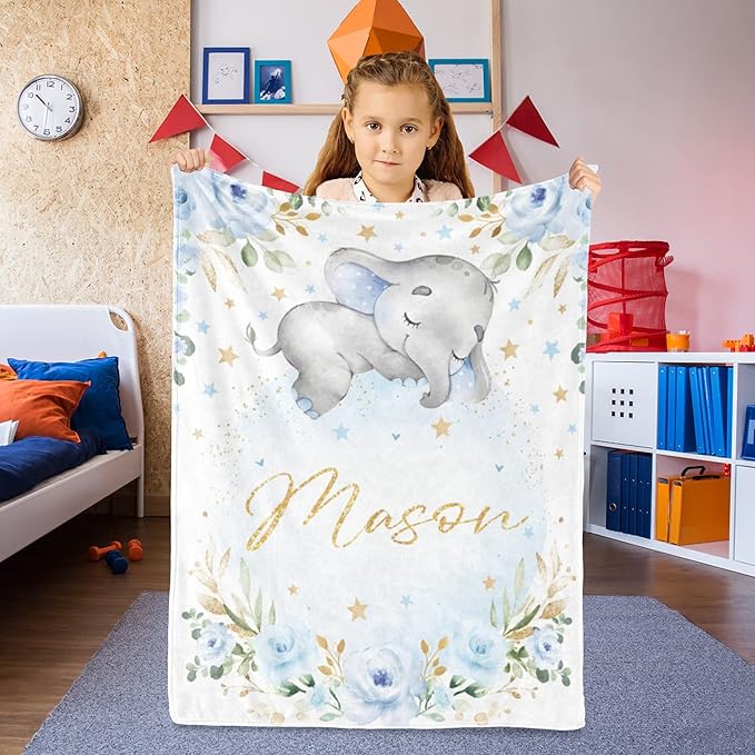 Elephant Baby BlanketPersonalized BlanketWith NameforBoyCustom Name BlanketforNewborn BoySoft Flannel Toddler Blanket Customized GiftforBirthday Christmas Baby Shower 60inX80in 4-elephant Blue