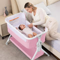 Larex Baby Bassinet, Baby Bassinet Bedside Sleeper with Storage Basket and Wheels, Height Adjustable Portable Crib for Newborn Infant, Easy Assemble and Folding(Pink)