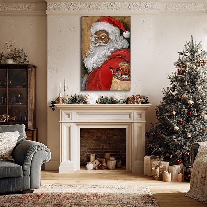 YONICA Christmas Canvas Wall Art Vintage Santa 18x24 Inch Retro Gift Bag with Toys - Large Framed Gallery Wrapped Traditional Decor