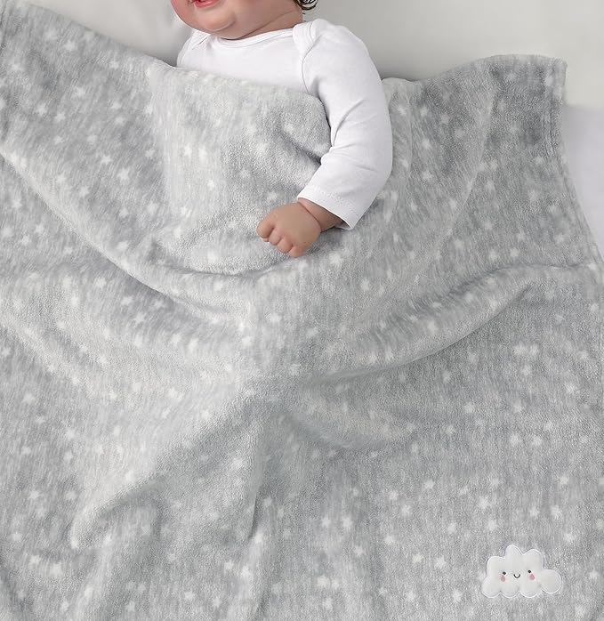 CREVENT 2Pcs 30''X40'' Cute Cozy Fluffy Warm Baby Blankets for Infants Toddlers' Bedding Crib Cot Stroller - Grey Cloud + Star