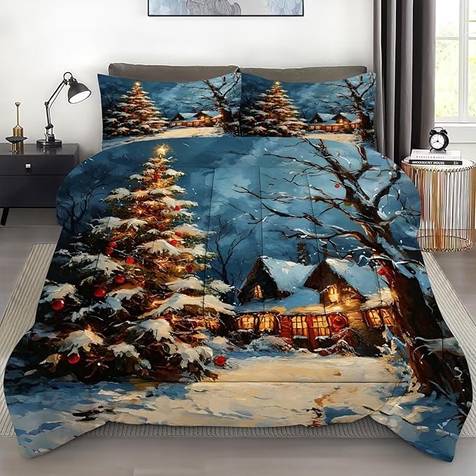 Christmas Comforter Set Twin: Winter Scenery Christmas Tree Bedding for Kids Girls Bedroom Festival Quilt 1 Comforter & 1 Pillowcase