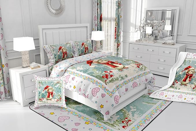 Feelyou Christmas Bedding Set Xmas Tree Snowflake Duvet Cover for Kids Boys Girls Cartoon Mouse Love Print Comforter Cover Cute Animal Bedspread Cover Bedroom Collection 2Pcs Twin Size,No Comforter