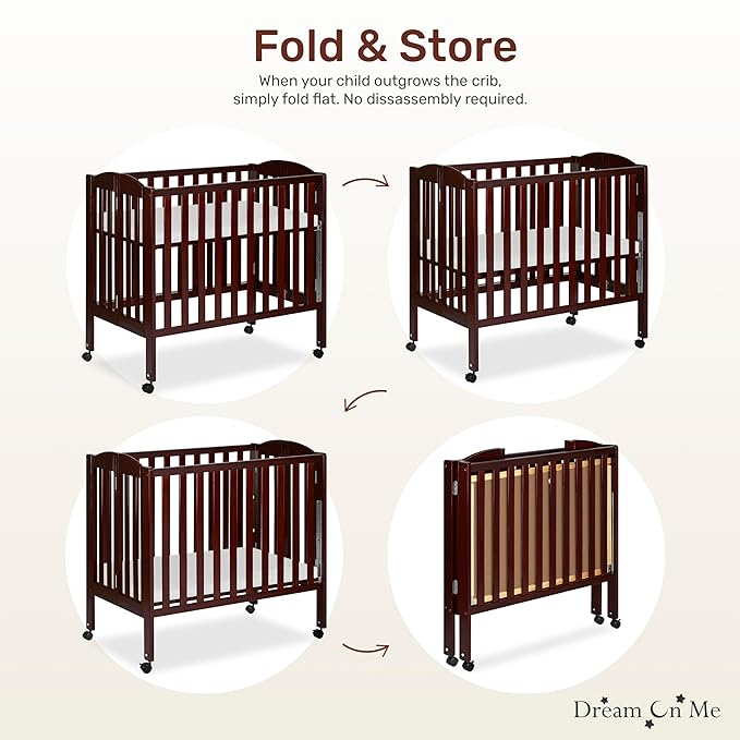 Dream On Me 3-in-1 Portable Folding Stationary Side Mini Baby Crib in Espresso & Mattress, GreenGuard Gold & JPMA, Use as Changer & Playpen, Locking Wheels, 3 Mattress Heights, Extra Firm Mattress